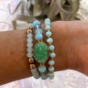 Set of 3 Lillia Boho Elastic Beaded Blue & Mint Green Druzy Bracelets with Gold